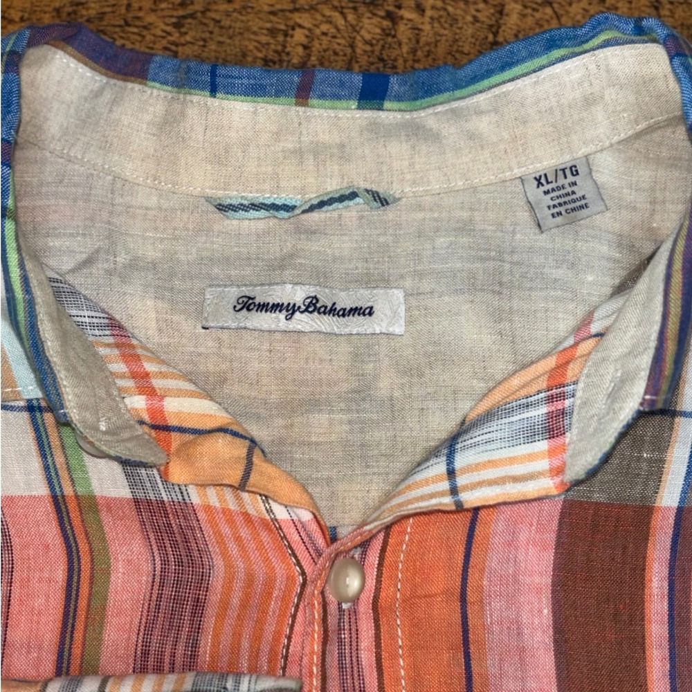 Tommy Bahama Mens 100% Linen Orange Blue Plaid Long Sleeve Button Down Shirt XL - Picture 5 of 9